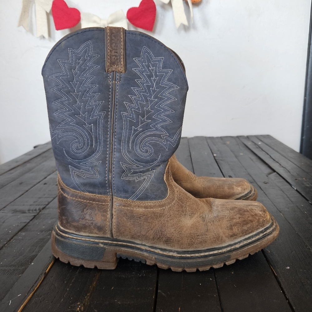 Rocky Men's 6 Brown and Dark Blue Leather Cowboy Western Boots Square Toe